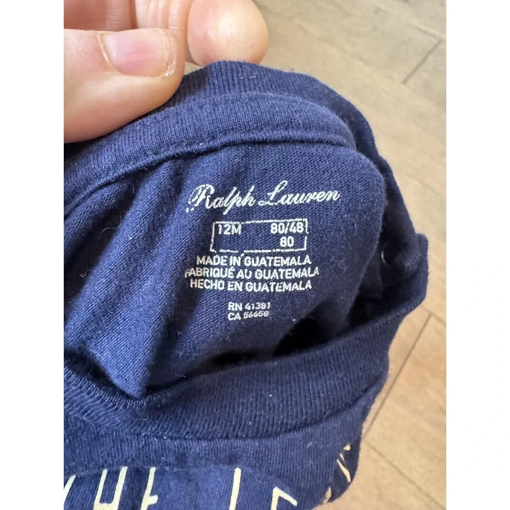 Ralph Lauren Shirt Boys 12M Navy Fall Leaves‎ Bear Graphic Tee Shoulder Snaps